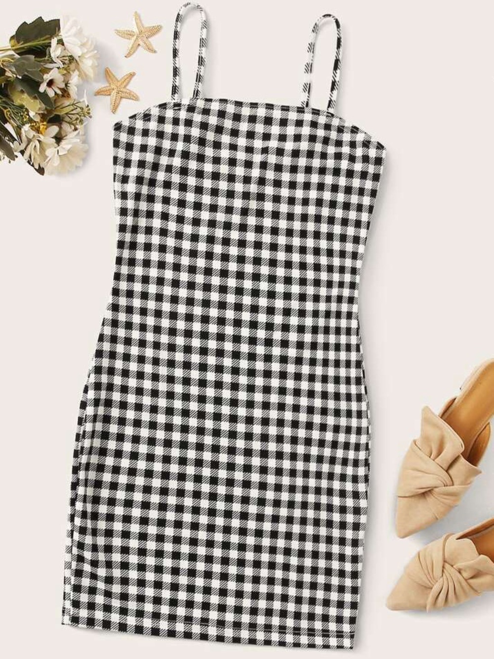 SHEIN Medium Black & White Gingham Spaghetti Strap Dress